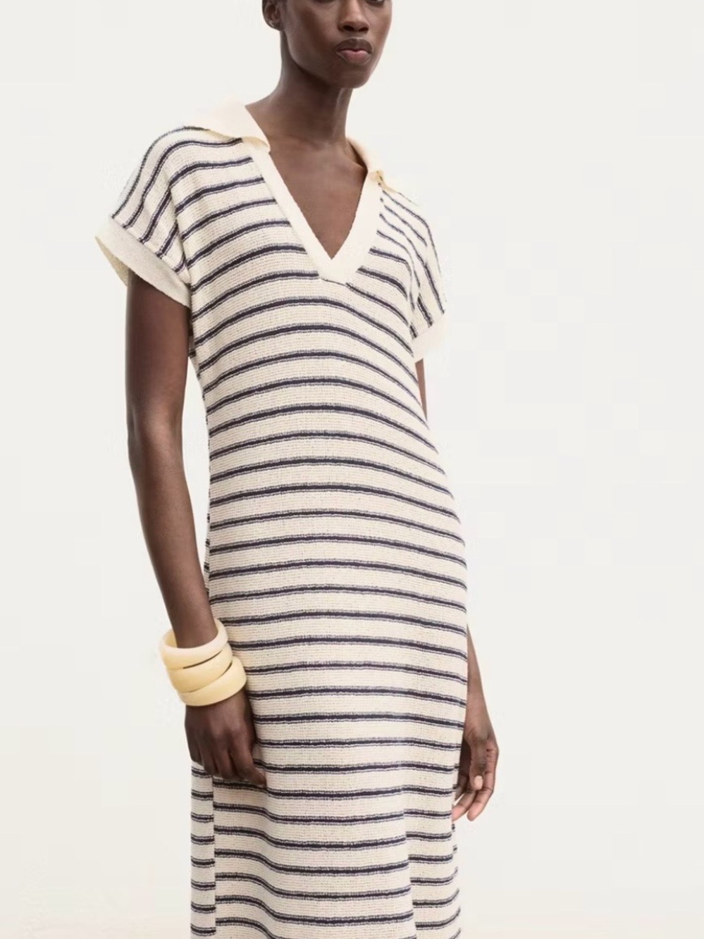 Striped V-Neck Knit Swim Cover-Up Dress in Cream and Navy